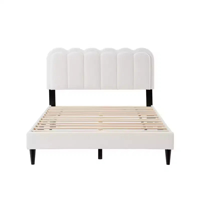 Cream Lambswool Upholstered Bed Frame with Petal Headboard, LED Ambient Light and Quiet Solid Support for Modern Bedrooms, Full