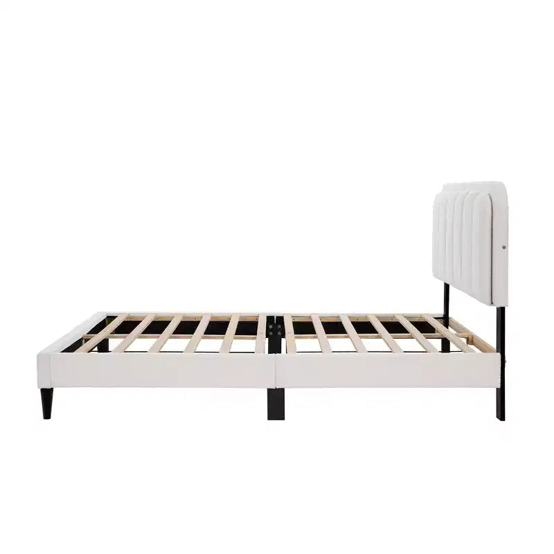Cream Lambswool Upholstered Bed Frame with Petal Headboard, LED Ambient Light and Quiet Solid Support for Modern Bedrooms, Full
