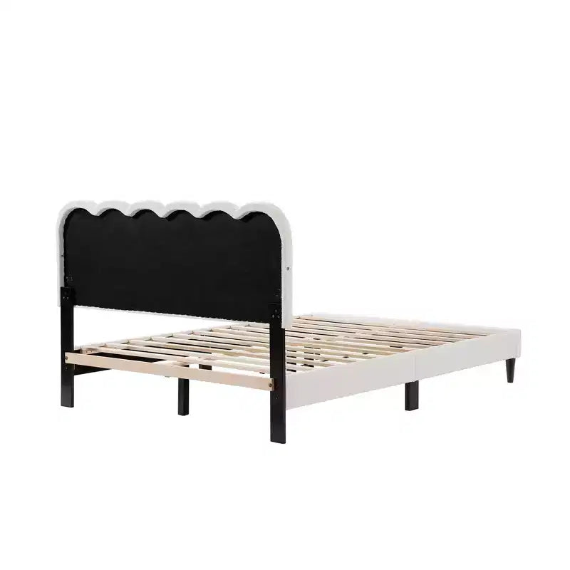Cream Lambswool Upholstered Bed Frame with Petal Headboard, LED Ambient Light and Quiet Solid Support for Modern Bedrooms, Full