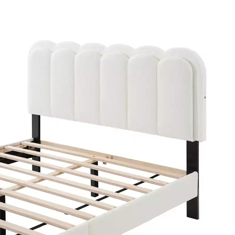 Cream Lambswool Upholstered Bed Frame with Petal Headboard, LED Ambient Light and Quiet Solid Support for Modern Bedrooms, Full