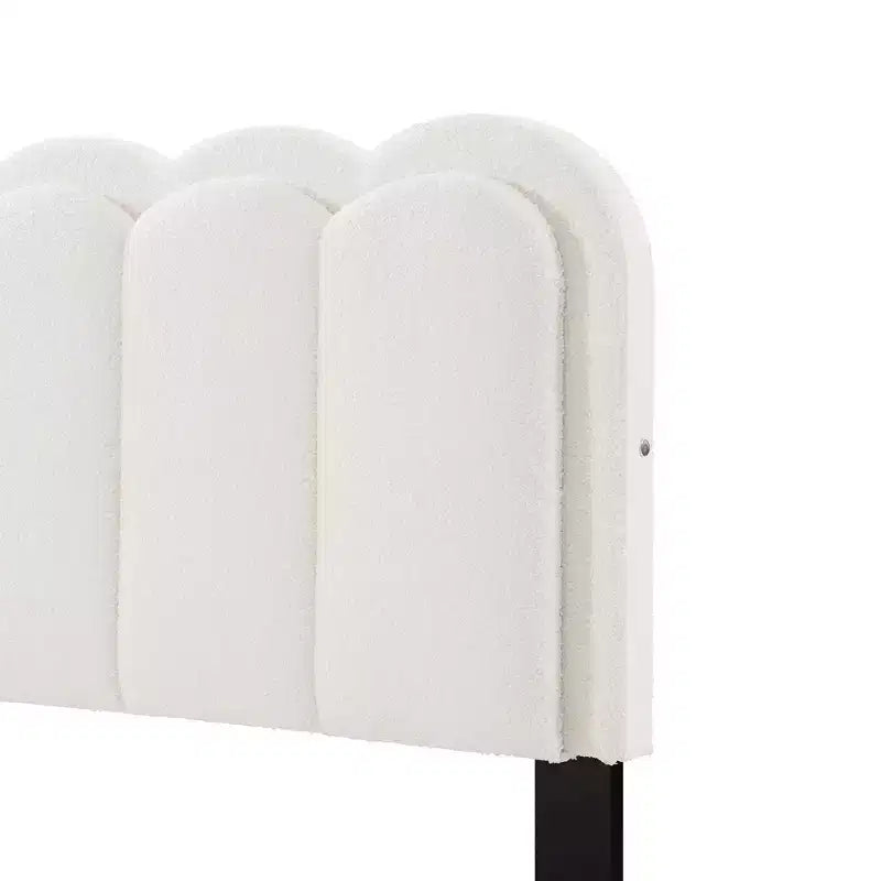 Cream Lambswool Upholstered Bed Frame with Petal Headboard, LED Ambient Light and Quiet Solid Support for Modern Bedrooms, Full