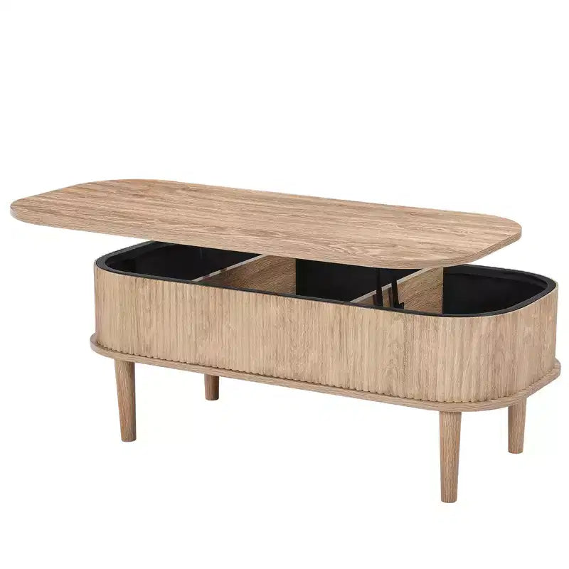 VEVOR 39.4 in Lift Top Coffee Table, Fluted Oval Coffee Table with 3 Hidden Compartment, Mid Century Wooden Oval Center Desk with Storage,Beige