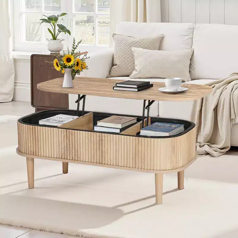 VEVOR 39.4 in Lift Top Coffee Table, Fluted Oval Coffee Table with 3 Hidden Compartment, Mid Century Wooden Oval Center Desk with Storage,Beige