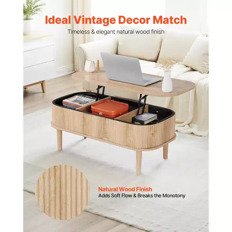 VEVOR 39.4 in Lift Top Coffee Table, Fluted Oval Coffee Table with 3 Hidden Compartment, Mid Century Wooden Oval Center Desk with Storage,Beige