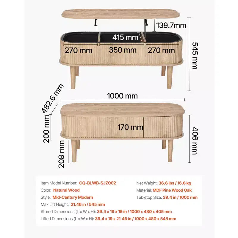 VEVOR 39.4 in Lift Top Coffee Table, Fluted Oval Coffee Table with 3 Hidden Compartment, Mid Century Wooden Oval Center Desk with Storage,Beige