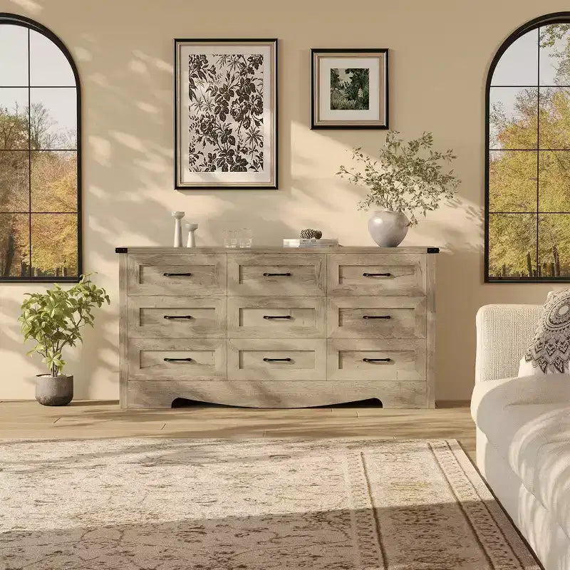 COZONY 59 Wide 9-Drawer Dresser, Farmhouse Wooden Storage Chest with Mid-Century Modern Design, Anti-Tip Safety, for Bedroom, Living Room