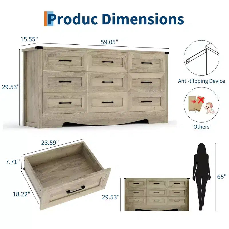 COZONY 59 Wide 9-Drawer Dresser, Farmhouse Wooden Storage Chest with Mid-Century Modern Design, Anti-Tip Safety, for Bedroom, Living Room