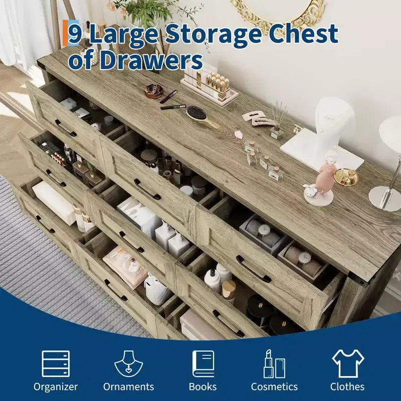 COZONY 59 Wide 9-Drawer Dresser, Farmhouse Wooden Storage Chest with Mid-Century Modern Design, Anti-Tip Safety, for Bedroom, Living Room