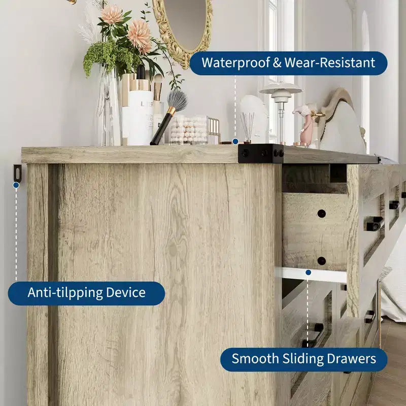 COZONY 59 Wide 9-Drawer Dresser, Farmhouse Wooden Storage Chest with Mid-Century Modern Design, Anti-Tip Safety, for Bedroom, Living Room