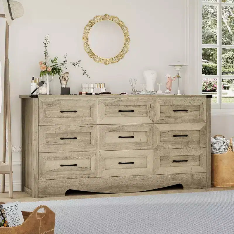COZONY 59 Wide 9-Drawer Dresser, Farmhouse Wooden Storage Chest with Mid-Century Modern Design, Anti-Tip Safety, for Bedroom, Living Room