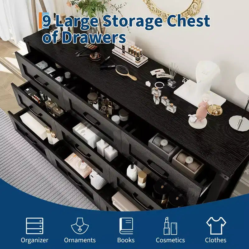 COZONY 59 Wide 9-Drawer Dresser, Farmhouse Wooden Storage Chest with Mid-Century Modern Design, Anti-Tip Safety, for Bedroom, Living Room