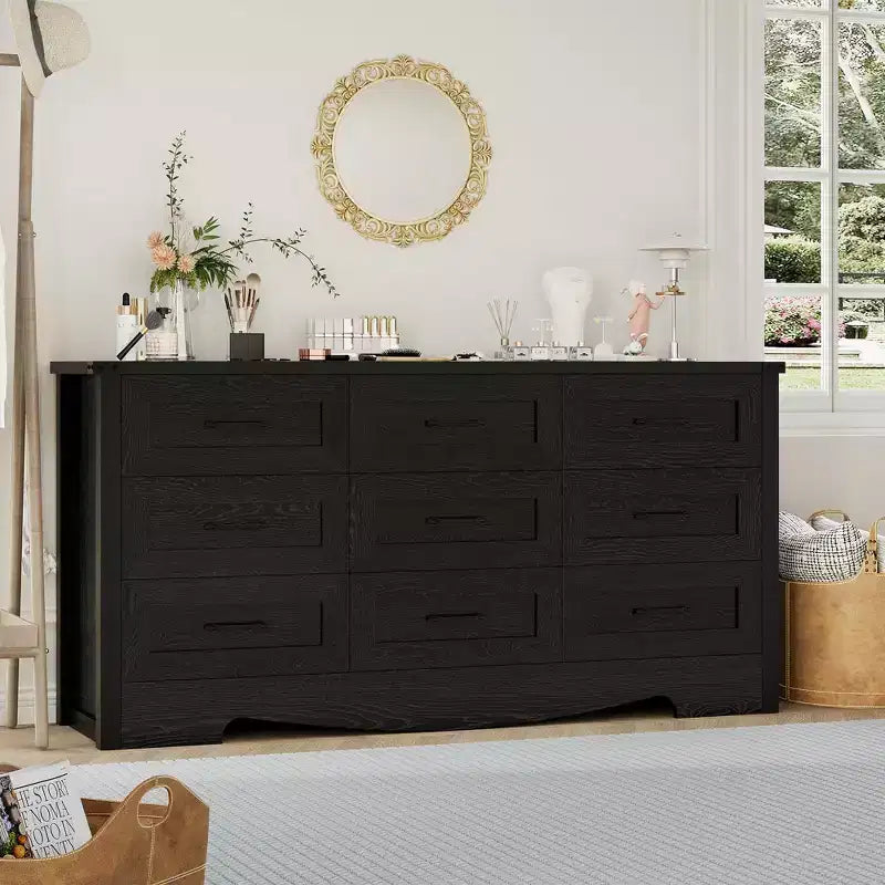 COZONY 59 Wide 9-Drawer Dresser, Farmhouse Wooden Storage Chest with Mid-Century Modern Design, Anti-Tip Safety, for Bedroom, Living Room