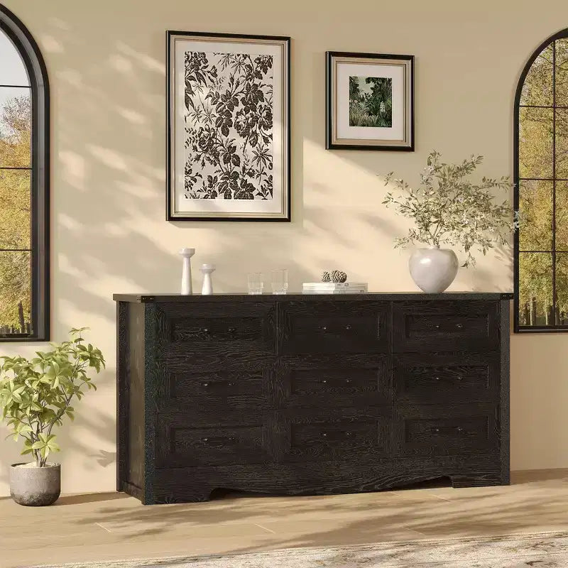 COZONY 59 Wide 9-Drawer Dresser, Farmhouse Wooden Storage Chest with Mid-Century Modern Design, Anti-Tip Safety, for Bedroom, Living Room