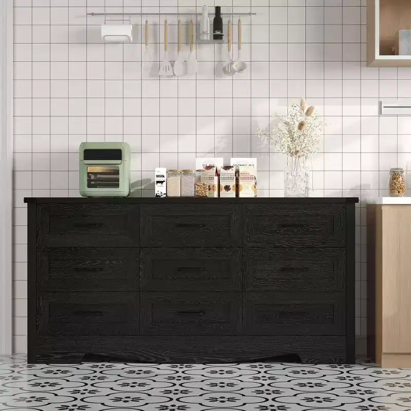COZONY 59 Wide 9-Drawer Dresser, Farmhouse Wooden Storage Chest with Mid-Century Modern Design, Anti-Tip Safety, for Bedroom, Living Room