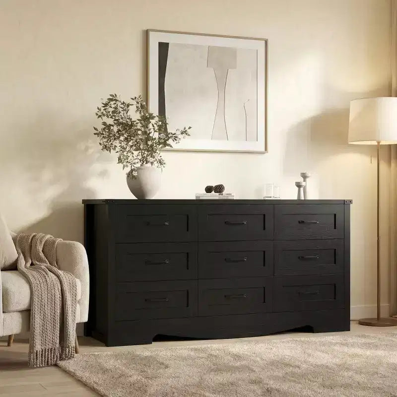 COZONY 59 Wide 9-Drawer Dresser, Farmhouse Wooden Storage Chest with Mid-Century Modern Design, Anti-Tip Safety, for Bedroom, Living Room
