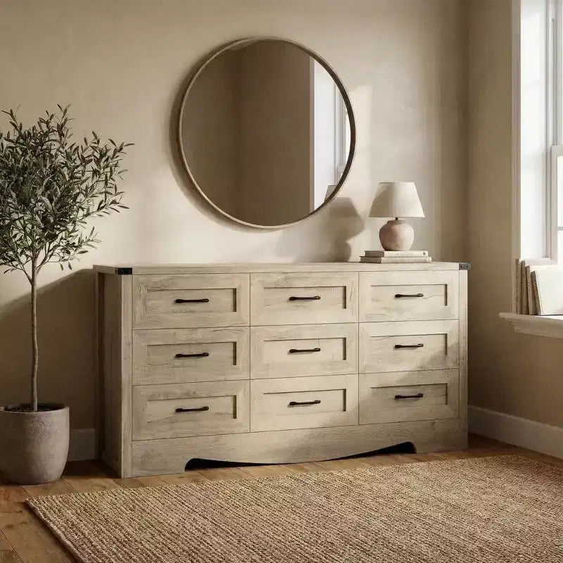 COZONY 59 Wide 9-Drawer Dresser, Farmhouse Wooden Storage Chest with Mid-Century Modern Design, Anti-Tip Safety, for Bedroom, Living Room