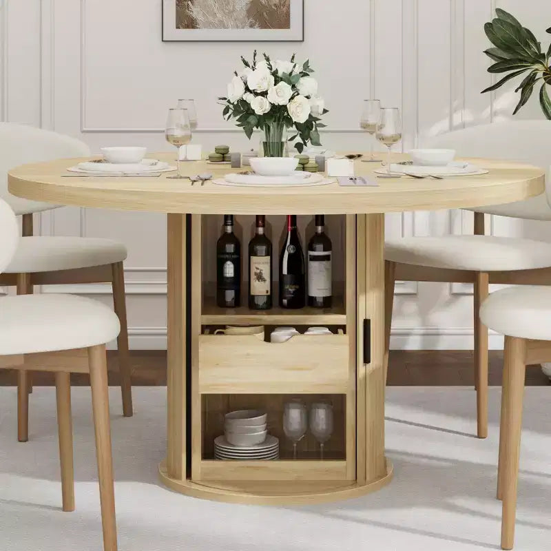 Farmhouse Dining Table 47 Inch Round for 4-6 with 2-Layer Storage Shelf Drawer Space-Saving for Kitchen Living Room