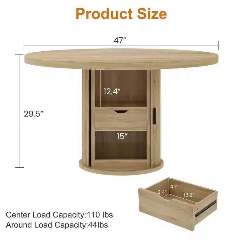 Farmhouse Dining Table 47 Inch Round for 4-6 with 2-Layer Storage Shelf Drawer Space-Saving for Kitchen Living Room
