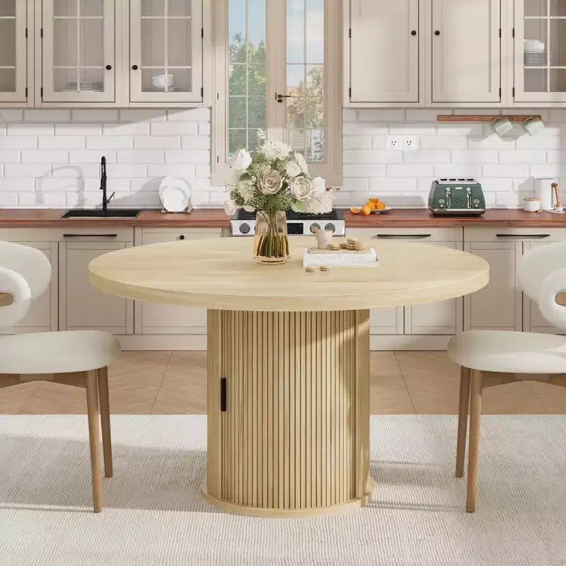 Farmhouse Dining Table 47 Inch Round for 4-6 with 2-Layer Storage Shelf Drawer Space-Saving for Kitchen Living Room
