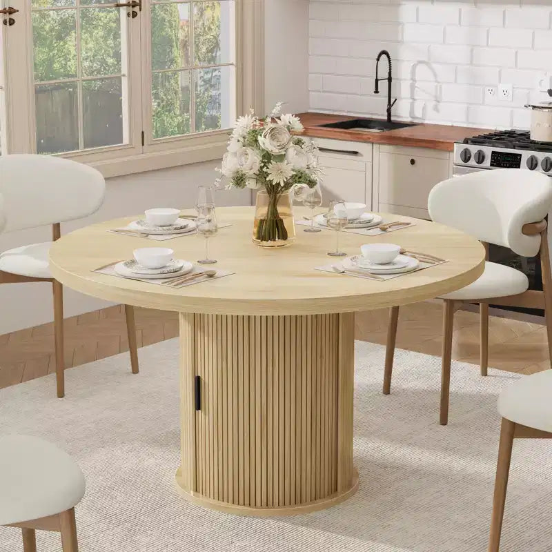 Farmhouse Dining Table 47 Inch Round for 4-6 with 2-Layer Storage Shelf Drawer Space-Saving for Kitchen Living Room