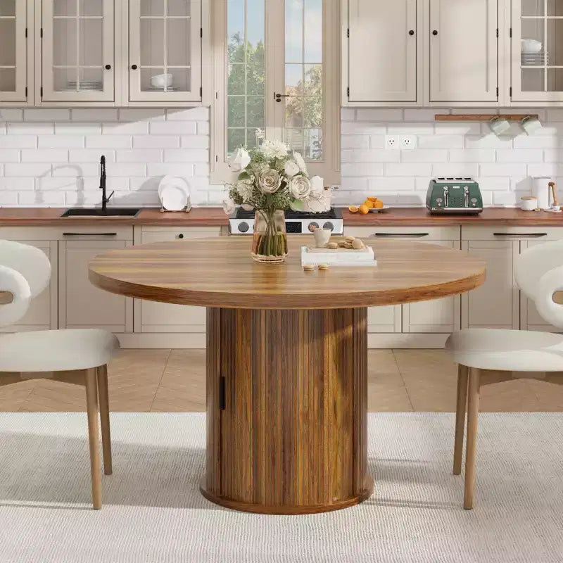 Farmhouse Dining Table 47 Inch Round for 4-6 with 2-Layer Storage Shelf Drawer Space-Saving for Kitchen Living Room