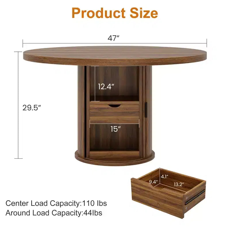 Farmhouse Dining Table 47 Inch Round for 4-6 with 2-Layer Storage Shelf Drawer Space-Saving for Kitchen Living Room