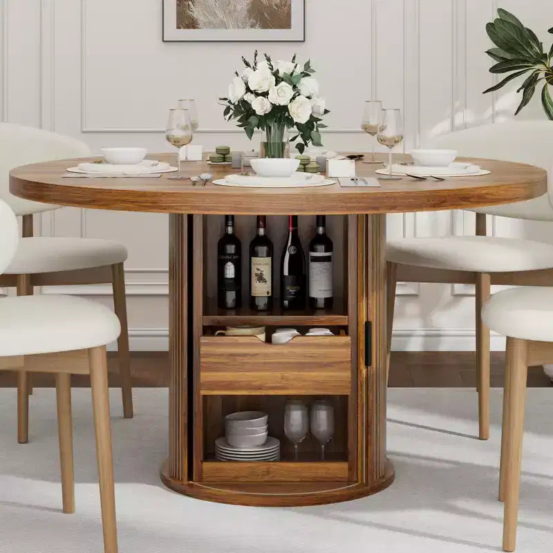 Farmhouse Dining Table 47 Inch Round for 4-6 with 2-Layer Storage Shelf Drawer Space-Saving for Kitchen Living Room
