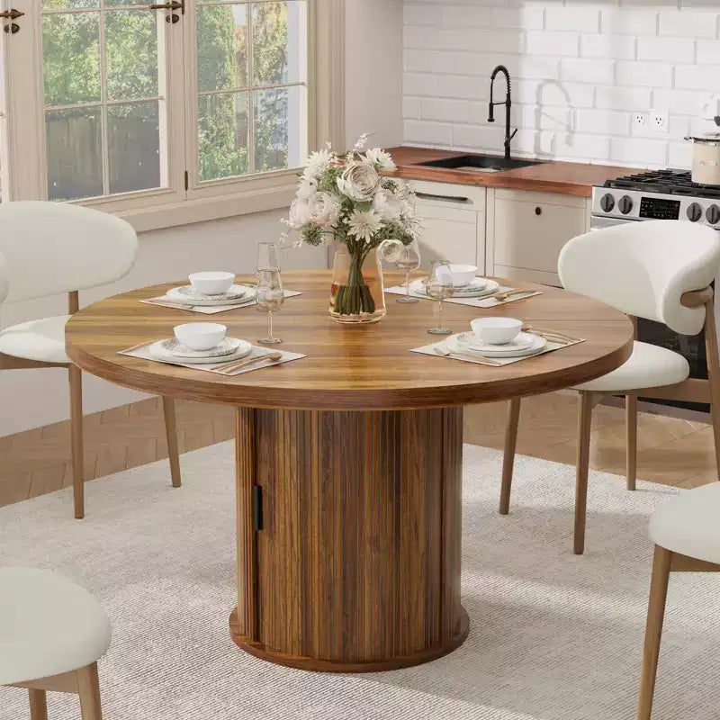 Farmhouse Dining Table 47 Inch Round for 4-6 with 2-Layer Storage Shelf Drawer Space-Saving for Kitchen Living Room