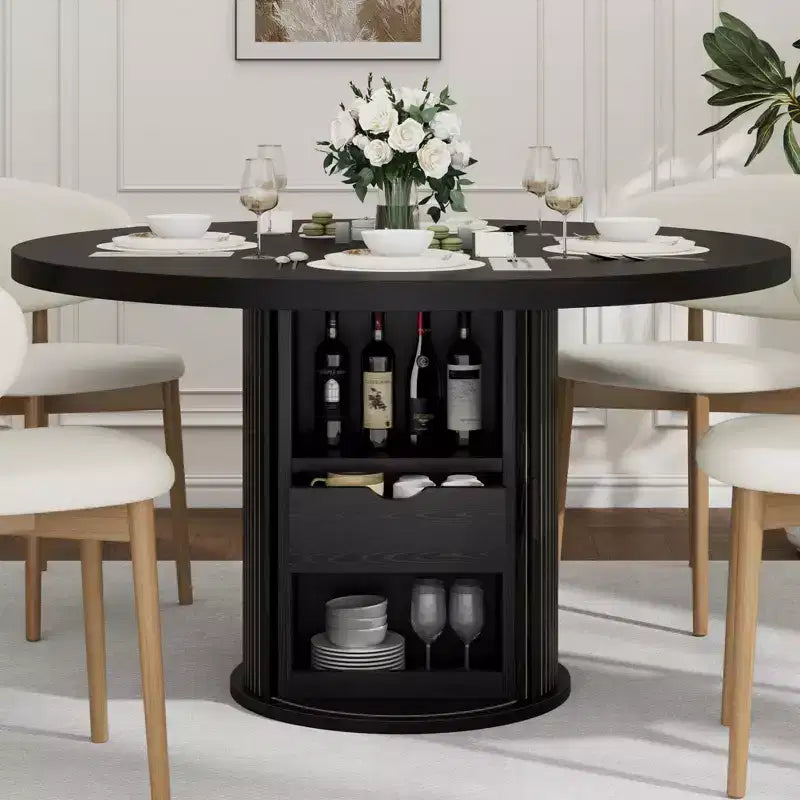 Farmhouse Dining Table 47 Inch Round for 4-6 with 2-Layer Storage Shelf Drawer Space-Saving for Kitchen Living Room
