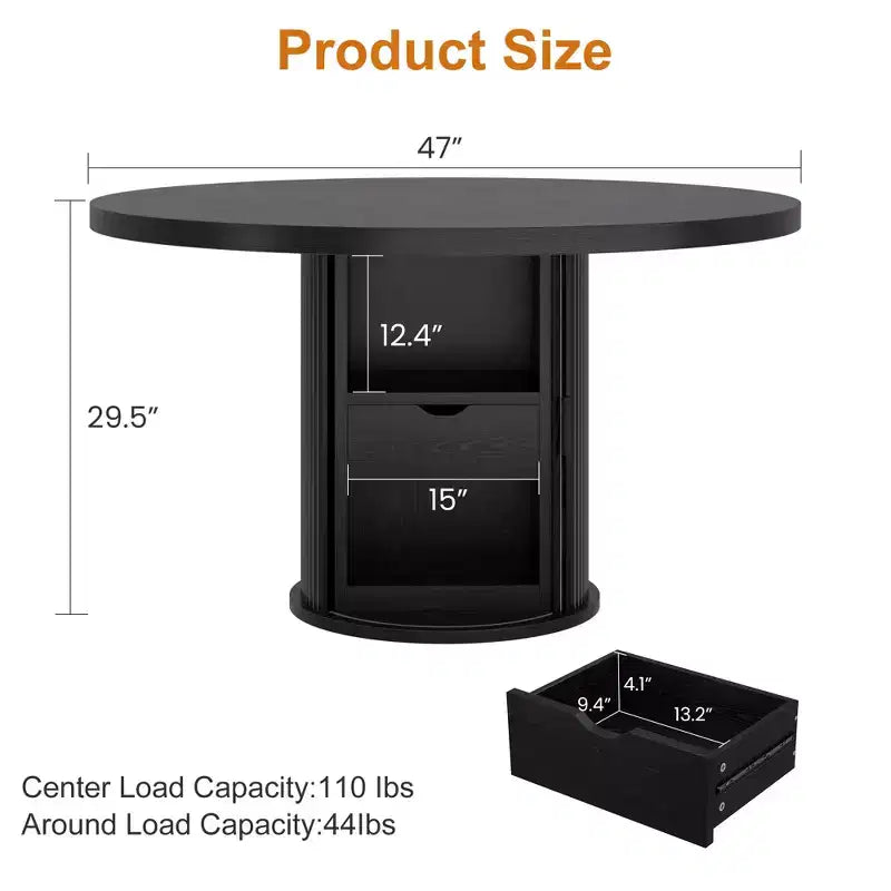 Farmhouse Dining Table 47 Inch Round for 4-6 with 2-Layer Storage Shelf Drawer Space-Saving for Kitchen Living Room