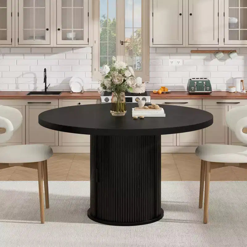 Farmhouse Dining Table 47 Inch Round for 4-6 with 2-Layer Storage Shelf Drawer Space-Saving for Kitchen Living Room