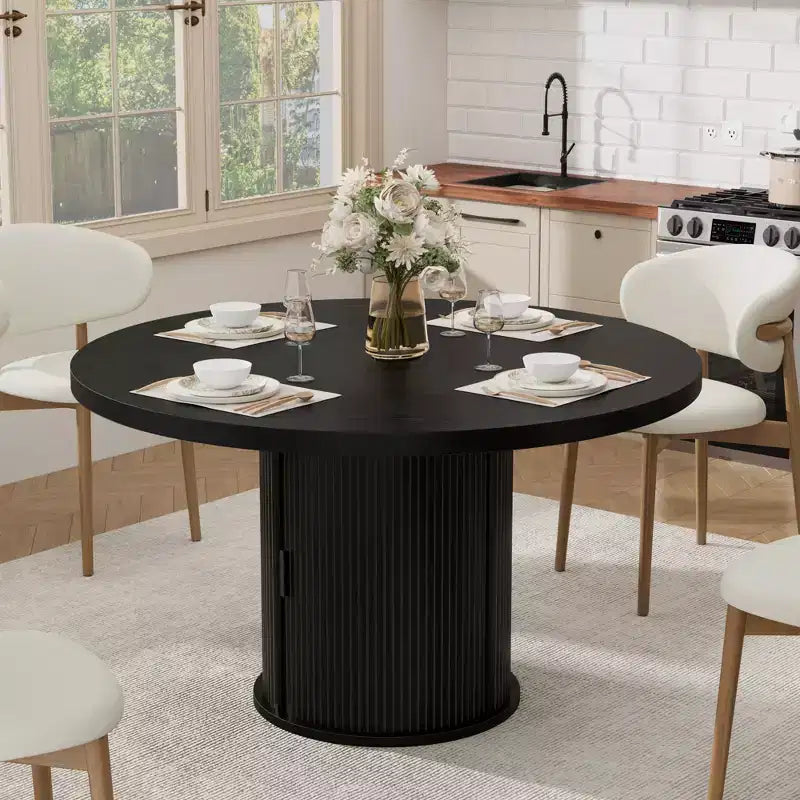 Farmhouse Dining Table 47 Inch Round for 4-6 with 2-Layer Storage Shelf Drawer Space-Saving for Kitchen Living Room