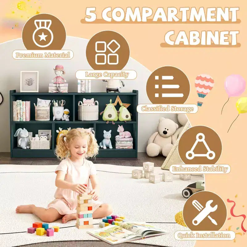 Wooden Kids Storage Cabinet with 5 Sections, Montessori Bookshelf and Toy Organizer for Nursery, Playroom, Classroom & Bedroom