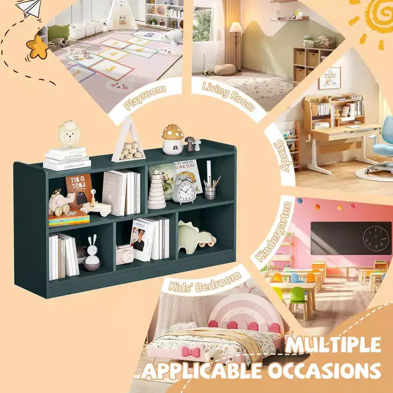 Wooden Kids Storage Cabinet with 5 Sections, Montessori Bookshelf and Toy Organizer for Nursery, Playroom, Classroom & Bedroom