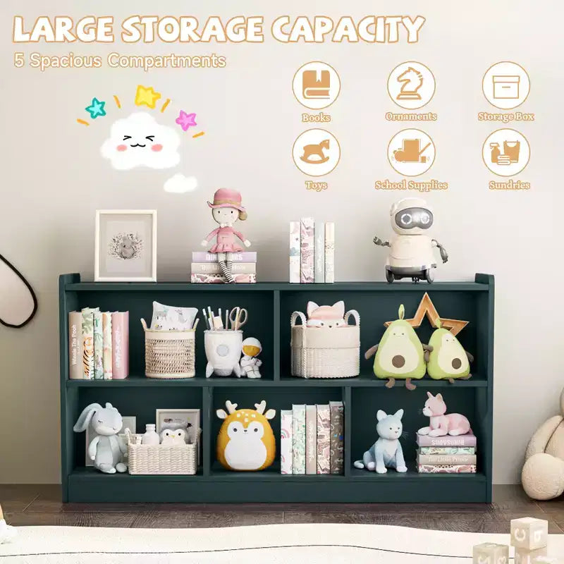 Wooden Kids Storage Cabinet with 5 Sections, Montessori Bookshelf and Toy Organizer for Nursery, Playroom, Classroom & Bedroom