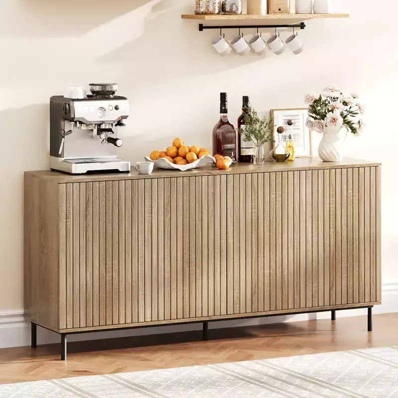 63 in Fluted Sideboard Buffet Cabinet with 4 Doors, Accent Storage Cabinet with Adjustable Shelves, Console Table Coffee Bar Credenza for Living Room