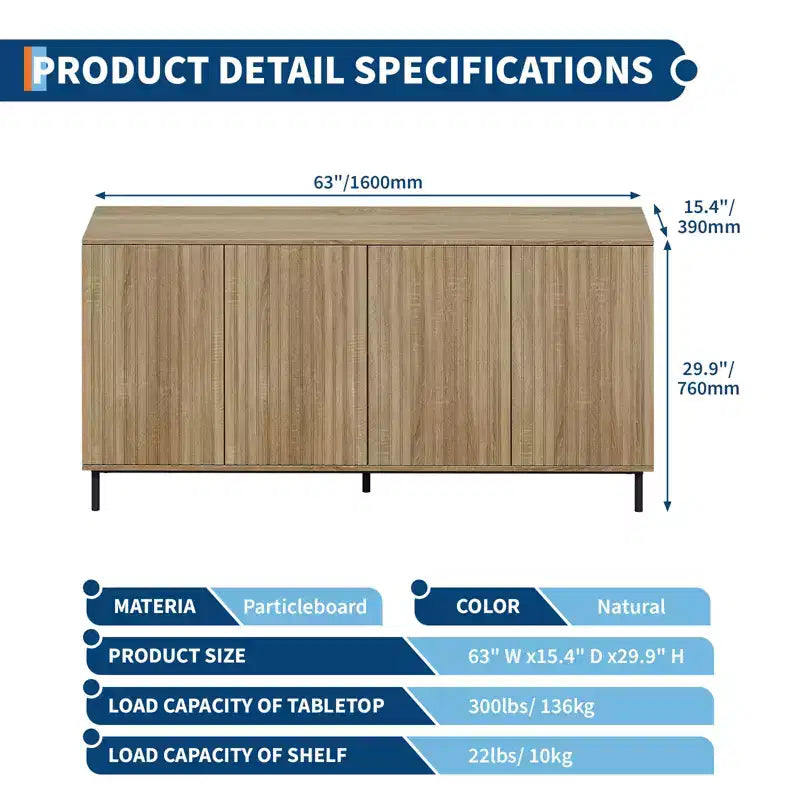 63 in Fluted Sideboard Buffet Cabinet with 4 Doors, Accent Storage Cabinet with Adjustable Shelves, Console Table Coffee Bar Credenza for Living Room