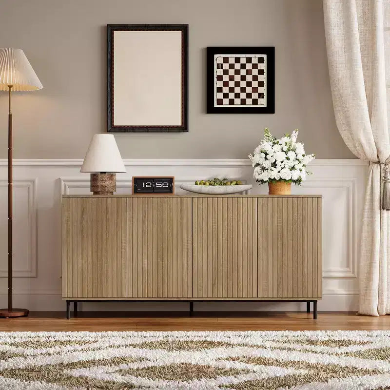 63 in Fluted Sideboard Buffet Cabinet with 4 Doors, Accent Storage Cabinet with Adjustable Shelves, Console Table Coffee Bar Credenza for Living Room
