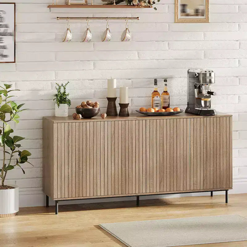 63 in Fluted Sideboard Buffet Cabinet with 4 Doors, Accent Storage Cabinet with Adjustable Shelves, Console Table Coffee Bar Credenza for Living Room