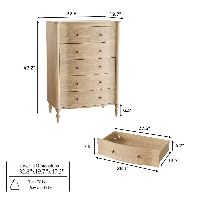Homsee 47.2 Tall Wood Dresser with 5 Drawers Modern Curved Front Chest of Drawers for Bedroom with Vintage Turned Legs