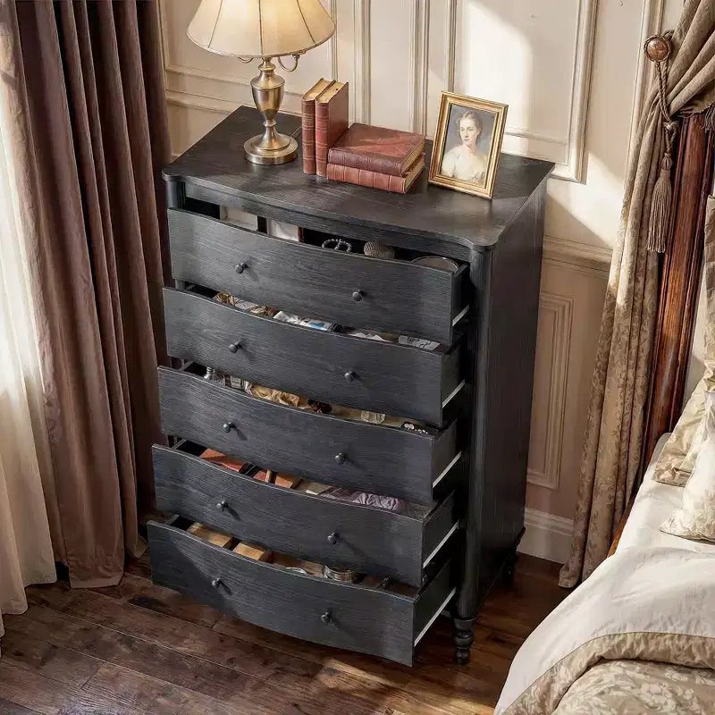 Homsee 47.2 Tall Wood Dresser with 5 Drawers Modern Curved Front Chest of Drawers for Bedroom with Vintage Turned Legs