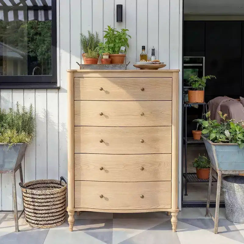 Homsee 47.2 Tall Wood Dresser with 5 Drawers Modern Curved Front Chest of Drawers for Bedroom with Vintage Turned Legs