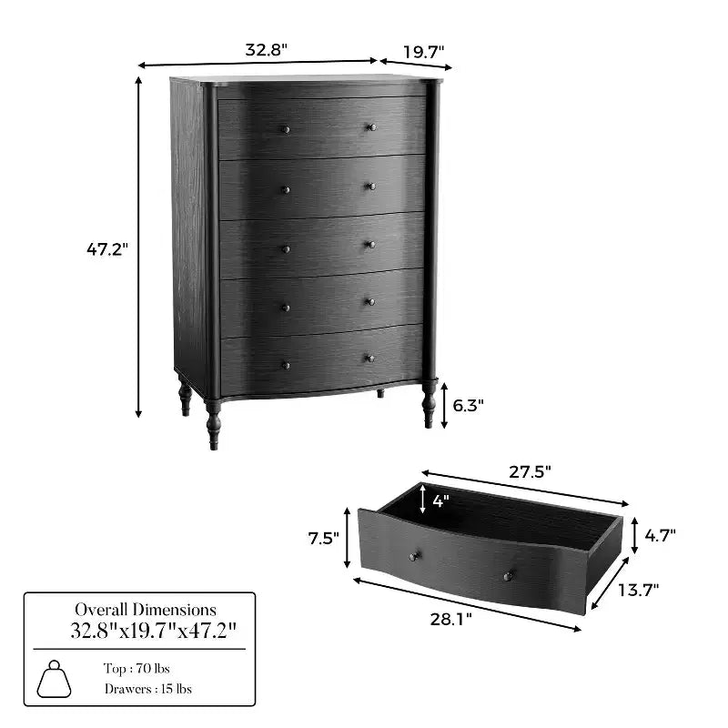Homsee 47.2 Tall Wood Dresser with 5 Drawers Modern Curved Front Chest of Drawers for Bedroom with Vintage Turned Legs