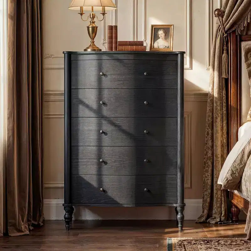 Homsee 47.2 Tall Wood Dresser with 5 Drawers Modern Curved Front Chest of Drawers for Bedroom with Vintage Turned Legs