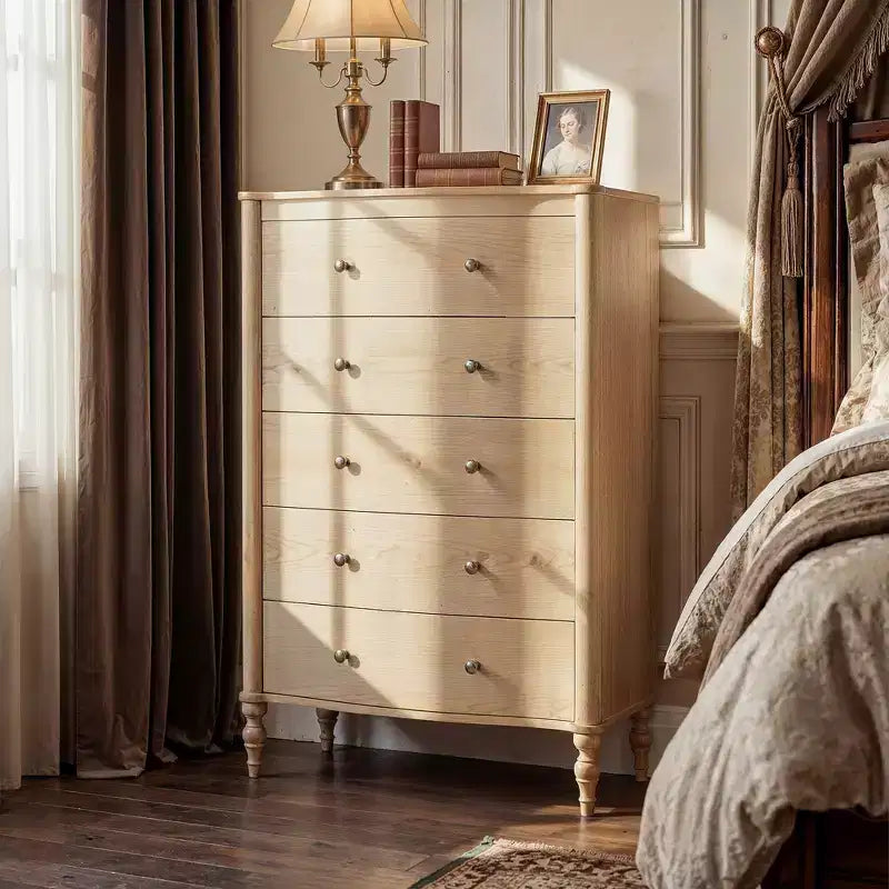 Homsee 47.2 Tall Wood Dresser with 5 Drawers Modern Curved Front Chest of Drawers for Bedroom with Vintage Turned Legs