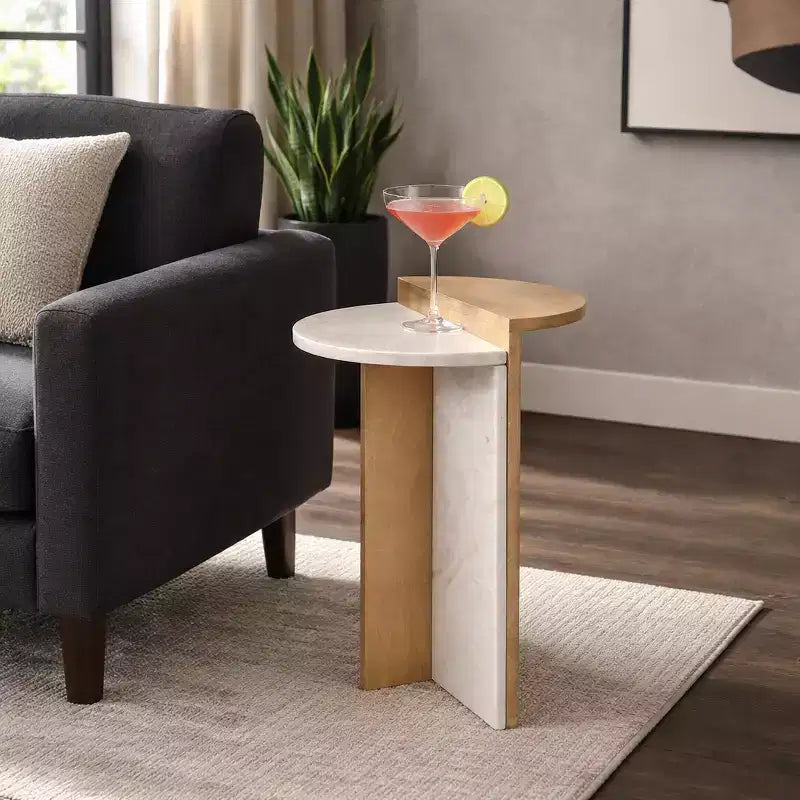 Wood and Marble End Table Accent for Bedroom Nightstand Decor - Decorative Side Table for Home or Living Room Styling - 22, Brown & Tan