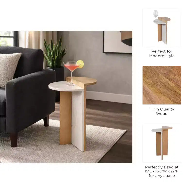 Wood and Marble End Table Accent for Bedroom Nightstand Decor - Decorative Side Table for Home or Living Room Styling - 22, Brown & Tan
