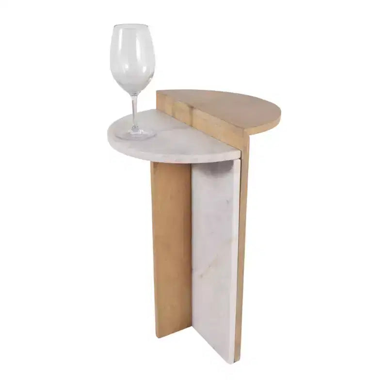 Wood and Marble End Table Accent for Bedroom Nightstand Decor - Decorative Side Table for Home or Living Room Styling - 22, Brown & Tan