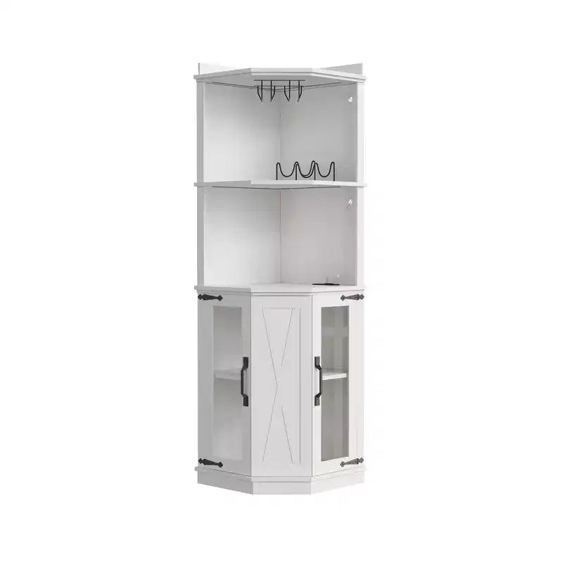 Whisen Farmhouse Corner Bar Cabinet with Wine Storage, Multifunctional Coffee Bar Buffet Sideboard
