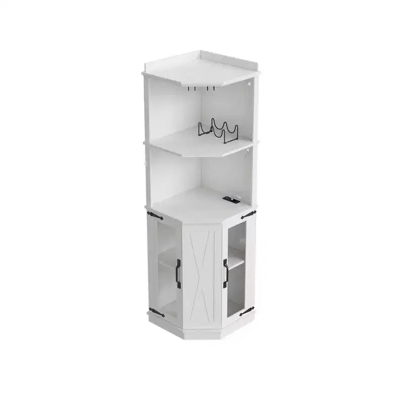Whisen Farmhouse Corner Bar Cabinet with Wine Storage, Multifunctional Coffee Bar Buffet Sideboard